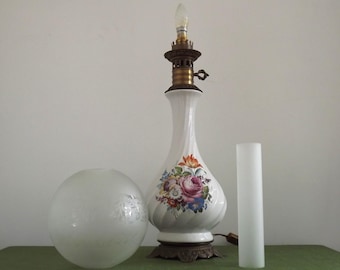 White Porcelain Floral Lantern Table Lamp With Pattern Glass Shade & Funnel