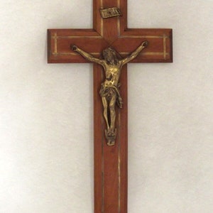 Vintage Italian Wooden  Cross / Crucifix Brass Christ INRI Badge & Inlay - Vintage Cross. Wooden Cross. Brass Inlay,  Made In Italy.