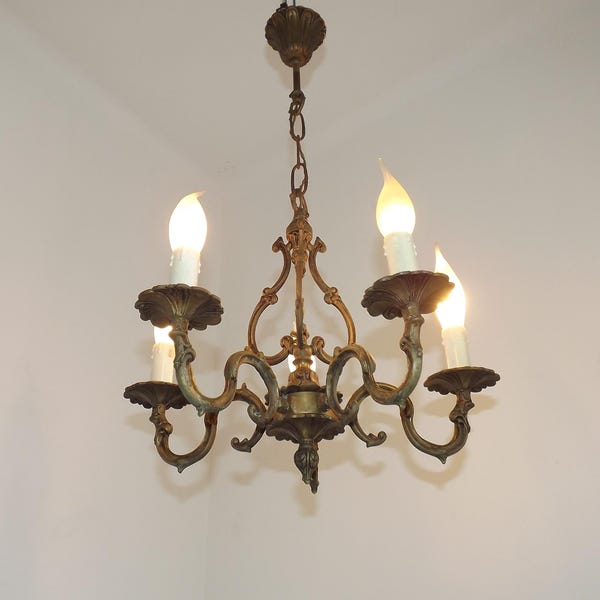 Elegant French Antique Bronze 5 Light 3 Sided Cage Style Chandelier