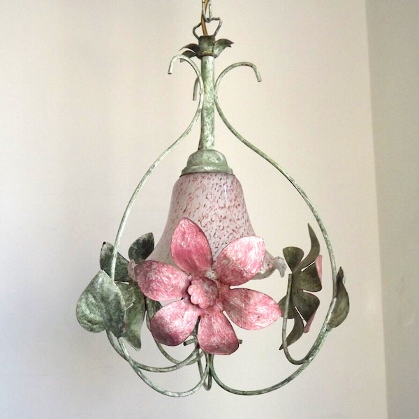 French Toleware Ceiling Light In Green & Pink Floral Design Glass Shade - French Vintage Lighting. Toleware Chge Chandelier. Central Shade.