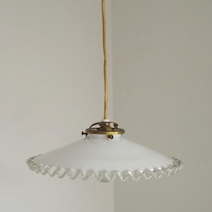 Vintage French White Opaline Glass Pendant Light Clear Glass Frilled Edge - French Vintage Light. Hanging Ceiling Light.Frilled Glass Shade.