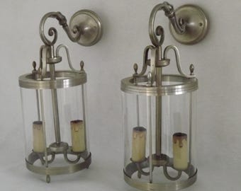 Large  Pair French Silver Gilded Brass Lantern Wall Lights With Cylindrical Shades