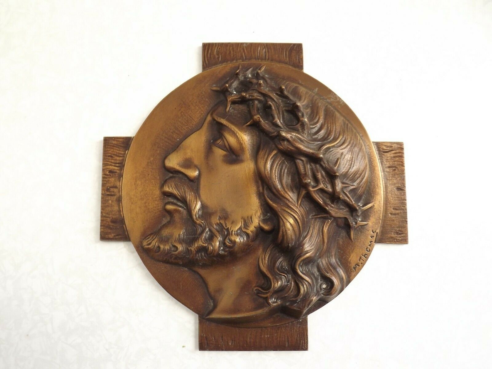 Vintage Français Bronze Jesus Christ Head Wall Plaque Signée A Thomas - Vintage Français. Funéraire