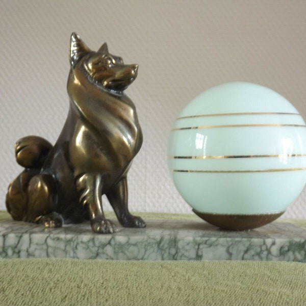 French Art Deco Lamp Pomeranian Dog On Grey Marble Base Green & Gold Shade - Vintage French Lighting. Period Lighting. Art deco Bedside Lamp