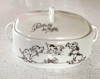 vintage Français Lourioux Poubelle De Table Pot Avec Décoration De Chien Et De Chat - vintage français Pot de Table. Pot à déchets de table. Pot de service de table.