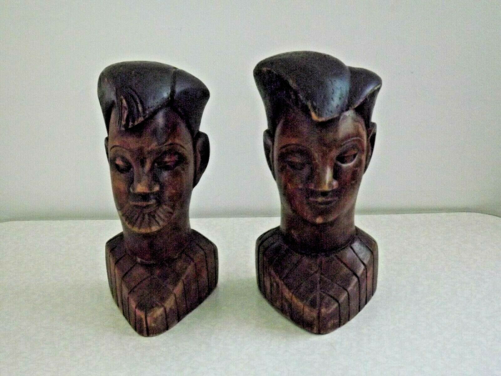 Paire de Bois Sculpté à La Main Lourde African Folk Art Male Head Book Ends - Carvings.decorative Ma