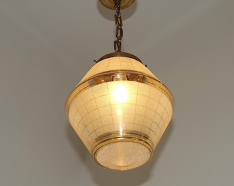 Vintage French Art Deco Pendant Light: Yellow Textured Glass, Gold Highlights & Brass Fittings.