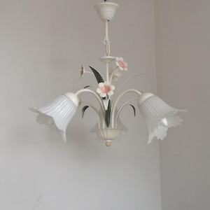 French Vintage 3 Light Pink & White Toleware Chandelier Glass Flower Shades - French Vintage Lighting. Toleware Chandelier. Shabby Chic
