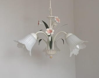 French Vintage Toleware Chandelier: Pink & White Flower Glass Shades