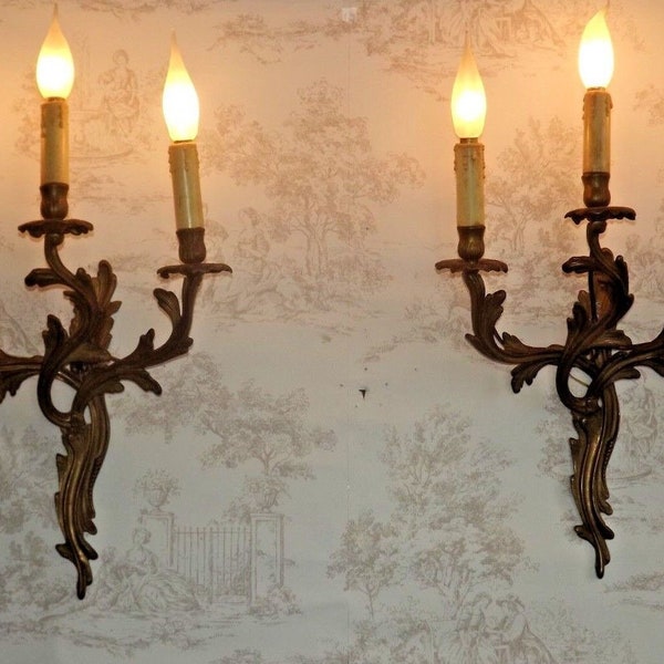 Magnificent Pair French Antique Bronze Louis XV Triple Acanthus Wall Lights - French Antique Lighting. Very Large Wall Lights. Intertwined.