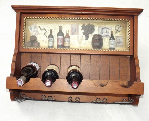 French Vintage Wall Hanging Wooden Wine Rack – With Shelf, Glass Holder  Decorative French Country Bar Kitchen