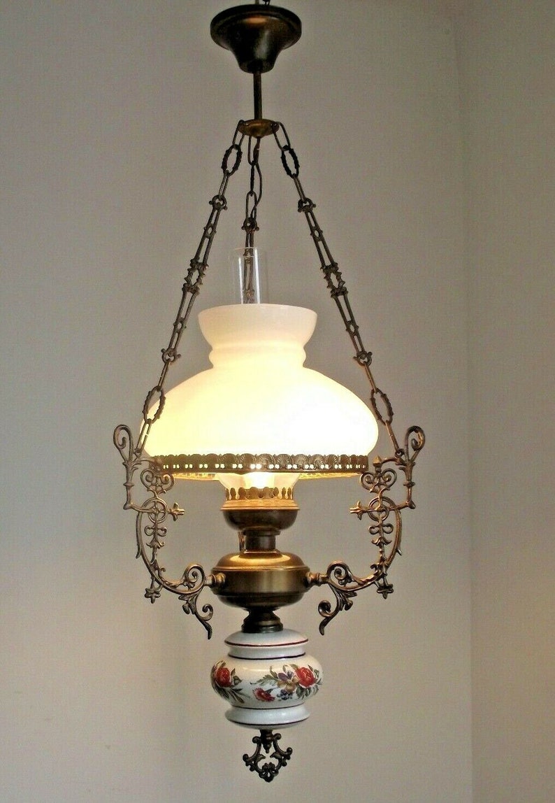 Vintage French Ceiling Lantern Floral Finial Ornate Frame Glass Shade French Vintage Vintage Decorative Ceramic Hanging Light Lighting