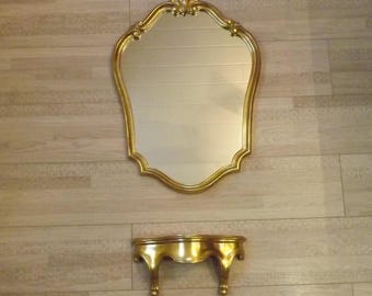 French Vintage Hollywood Regency Style Ornate Wall-Mounted Mirror & Matching Console Table – Gold Resin Finish. Matching Set. Wall Mounted.