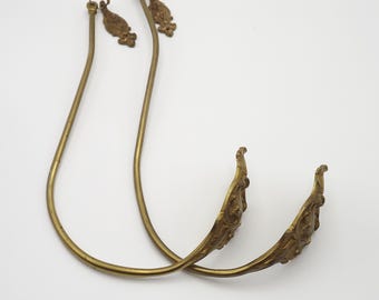 Pair of French Antique Long Bronze Curtain Tie Back Hooks With Leaf Detail - Curtain Hold Backs. Drape Tie Back. Swing Tie Back Hooks.