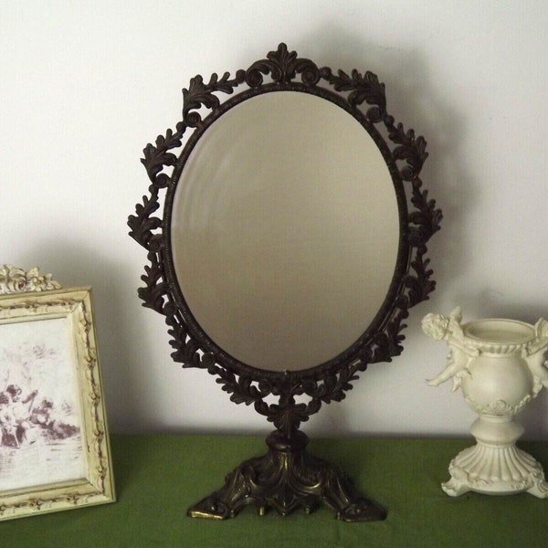 Large Vintage French Victorian Style Brass Oval Dressing Table Mirror On Stand - Vintage French Mirror. Vanity Mirror. Standing Table Mirror