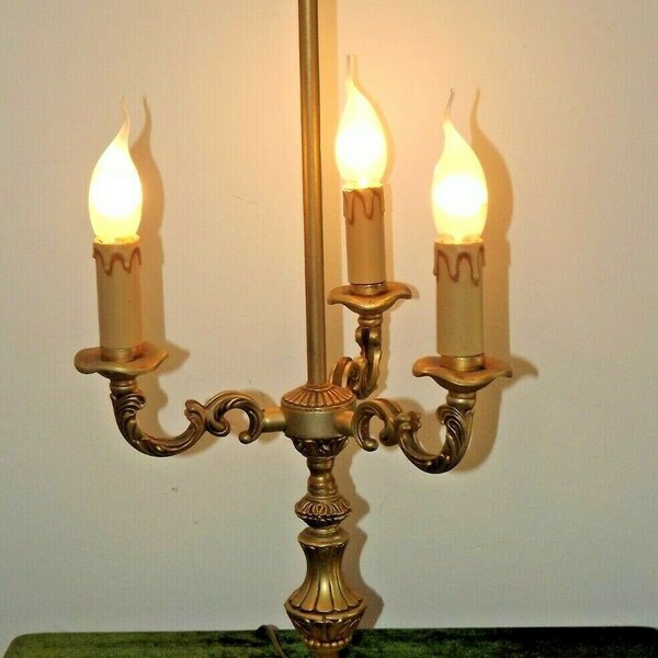Vintage French 3 Light Bouilotte Style Ornate Brass Table Lamp Square Base - Vintage French Lighting. Brass table Lamp. Candelabra Style.