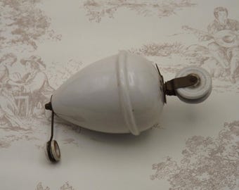 Old French Porcelain And  Brass Rise & Fall Counterweight for Pendant Light - French Vintage Lighting. Egg Shaped Porcelain Pully Stystem.