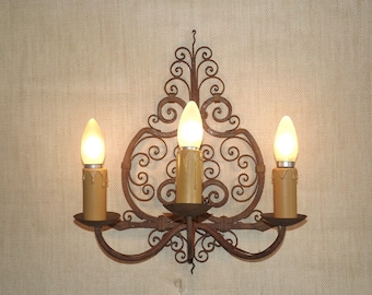 French Early 20th Century 3 Light Wrought Iron Wall Sconce  Scroll Detail - French Antique Lighting. Medieval Wall Light. Wrought Iron.