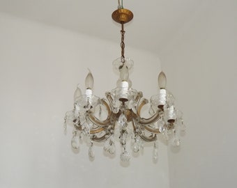 Stunning 1940s Maria Theresa Brass Glass And Crystal 8 Light Chandelier - French Vintage Lighting. Crystal And Glass Chandelier.