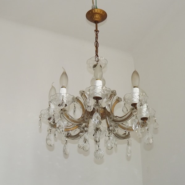 Stunning 1940s Maria Theresa Brass Glass And Crystal 8 Light Chandelier - French Vintage Lighting. Crystal And Glass Chandelier.