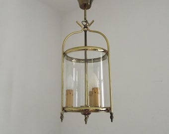 Große Vintage französische runde Messing 3-flammige Laternen-Deckenleuchte mit zylindrischem Glasschirm