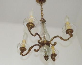 French Mid Century Bronze & Cut Glass 4-Light Chandelier with Fleur-de-Lys Detail