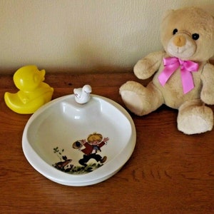 Delightful Vintage French Boy With Easter Basket Warming Bowl & Stopper - French Vintage . Baby Warming Bowl. Baby Feeding Dish. Porcelain.