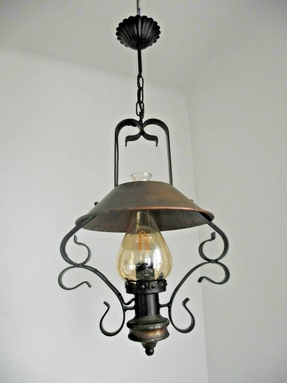 French Lantern Style Ceiling Light Black Iron Frame Shade Etsy