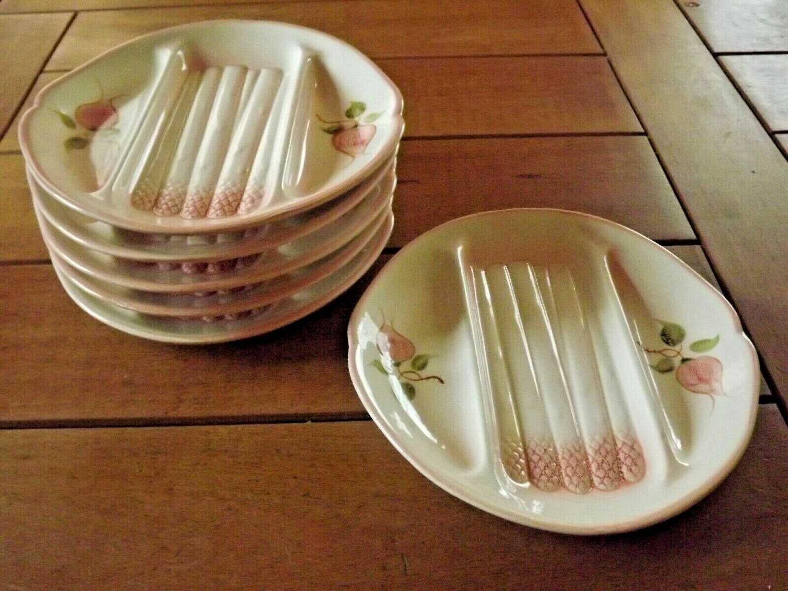 Salins France Primevère Rose Peinture à La Main Majolique Ensemble de 6 Assiettes d'asperges _ Vinta