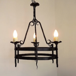 Rustic French Vintage Hand-Forged Wrought Iron 3-Light Chandelier – French Vintage Lighting. Timeless Country Elegance. Medieval Chandelier