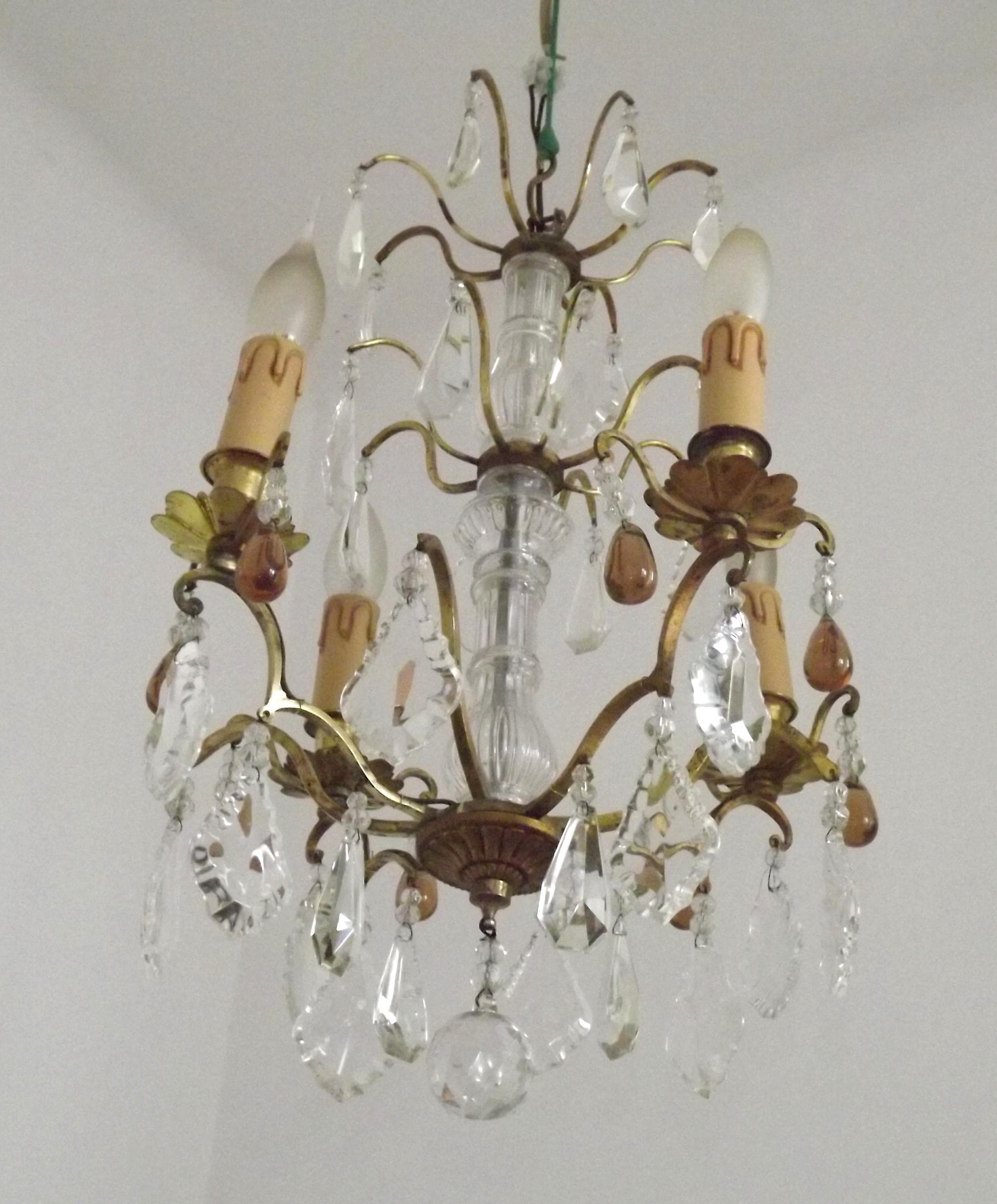 Lustre Vintage Français Chaîne 1 Lumière Verre Laiton Bois | Art Déco