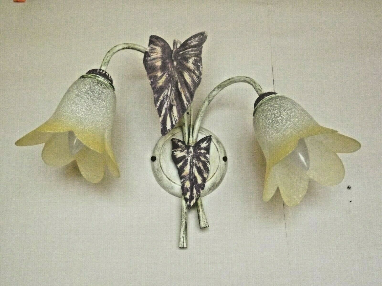 Vintage Français Tole Ware Wall Light Purple & Green With Glass Flower Shades - Vintage Français. Ap