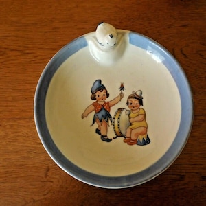Lovely Vintage French Warming Bowl Children Playing Drum & Bird Stopper - French Vintage. Childs Warmer Bowl. Baby Feeding Bowl.