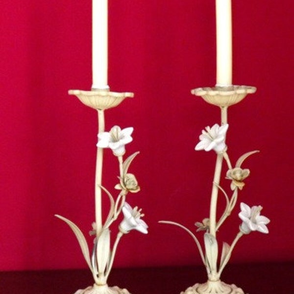 Pair Of Vintage French Toleware Beige Candlestick Holders With Lily & Roses - Vintage French Candlesticks. Metal Candlesticks. Lily And Rose