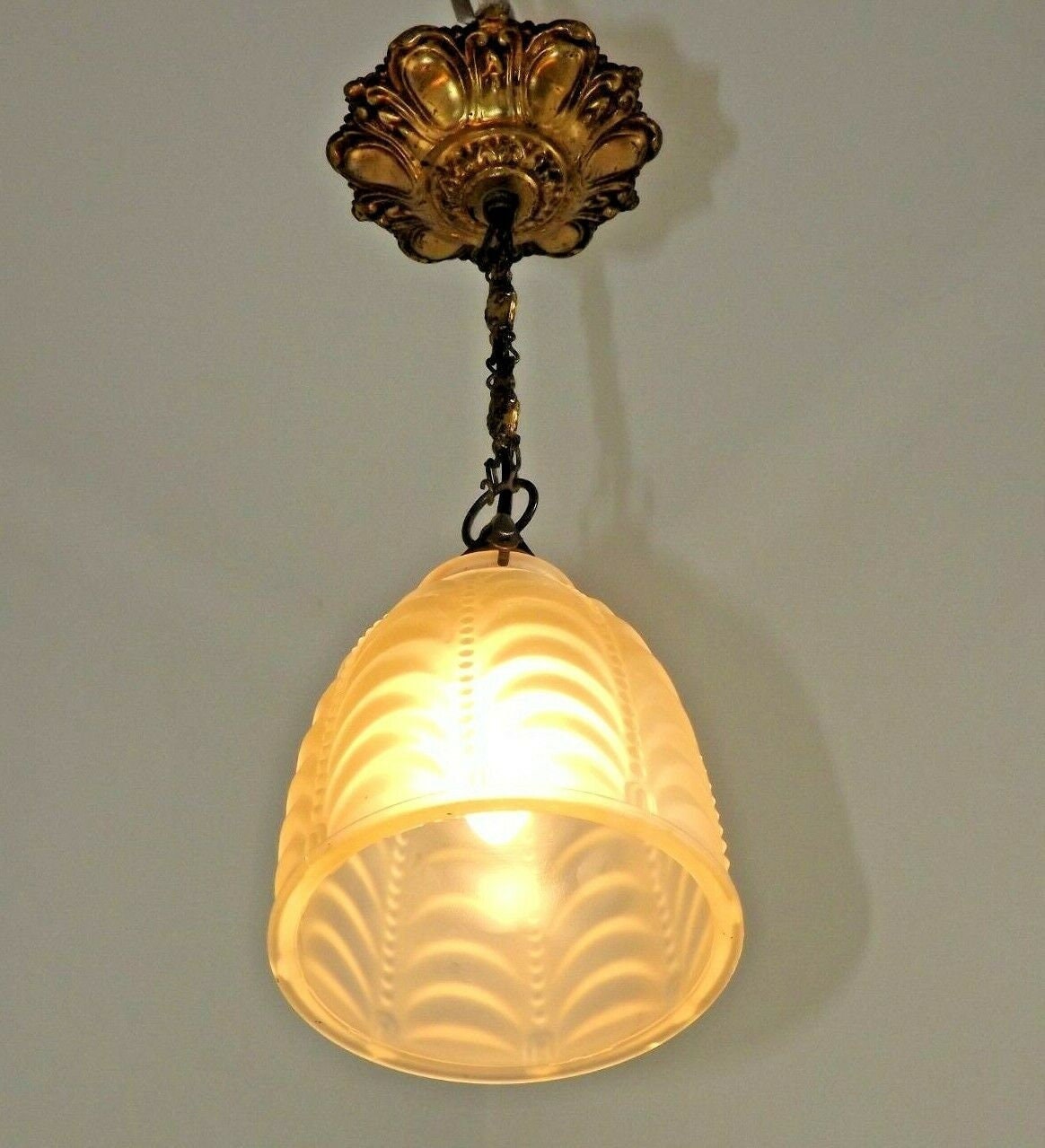 Vintage Français Amber Pate de Verre Shade With Gold Metal Hanger & Rose - Vintage Français Lighting