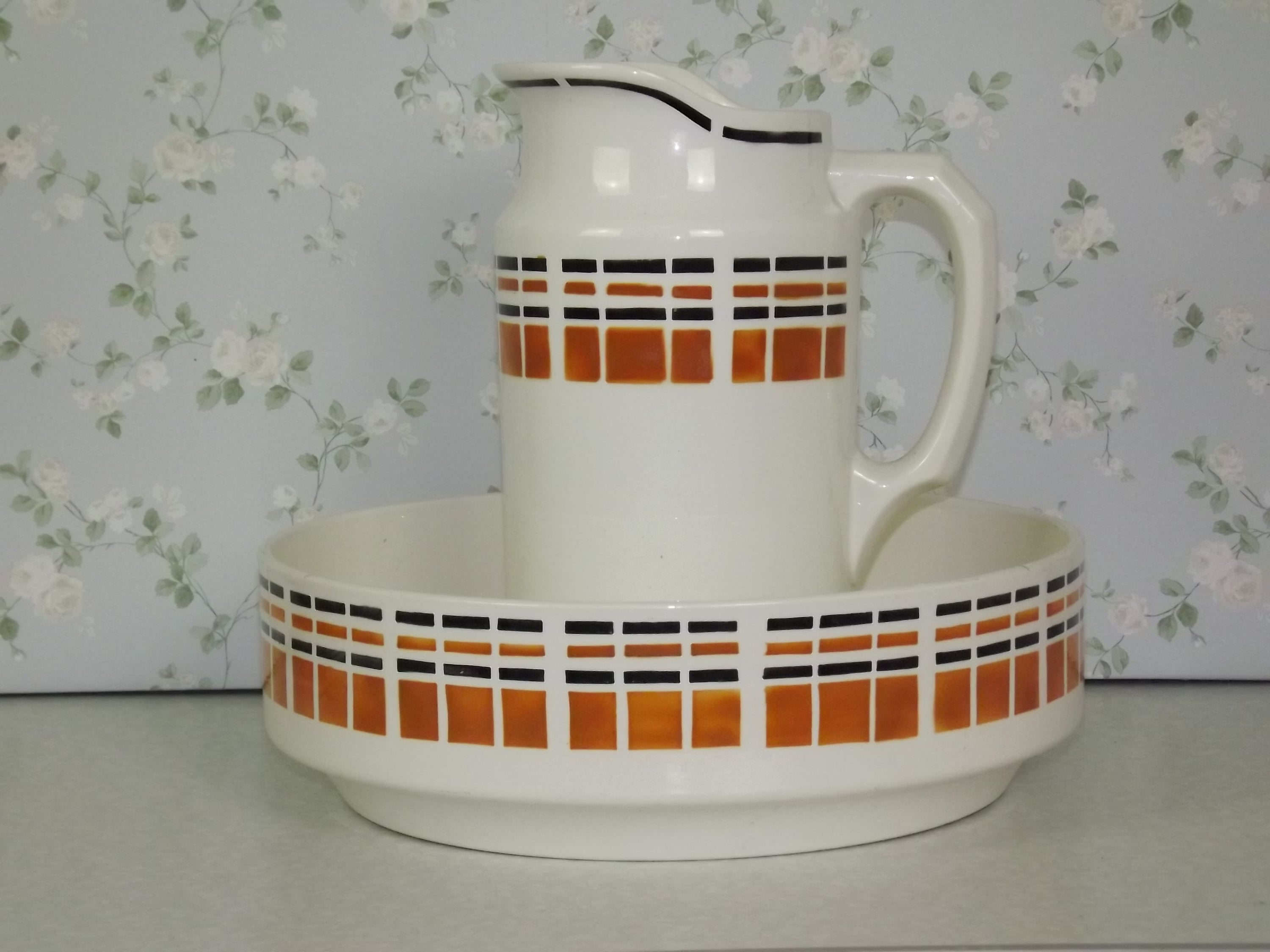 Art Déco Français Badonviller Wash Basin & Jug Set Style Ecossais Circa 1920 - Art Déco. Poterie Bad