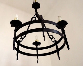 Rustic French Vintage Hand Forged Black Wrought Iron 3 Light Chandelier - French Vintage Lighting. Wrought Iron Chandelier. Rustic Lighting