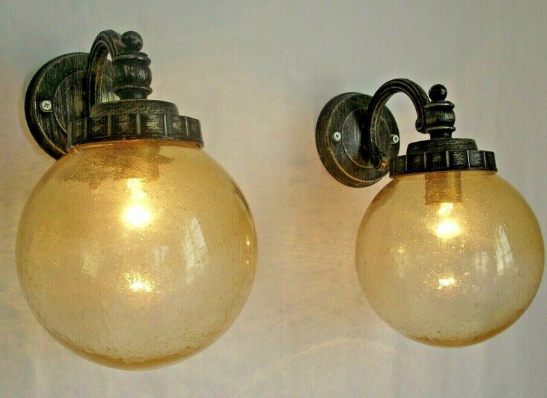 Pair Vintage Aged Metal Exterior Wall Lights Large Amber Glass Ball Shades Italian Of Decorative Sconces