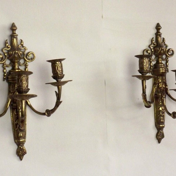 Pair 19th Century French Antique Napoleon lll Triple Candle Stick Wall Sconces With Lionhead Detail  -  Set of 2 Triple Sconces.