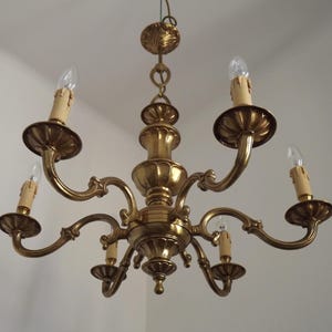 Stunning Traditional Style French Mid Century 6 Light Brass Chandelier With Elegant Scroll Arms - French Vintage Lighting. Brass Chandelier