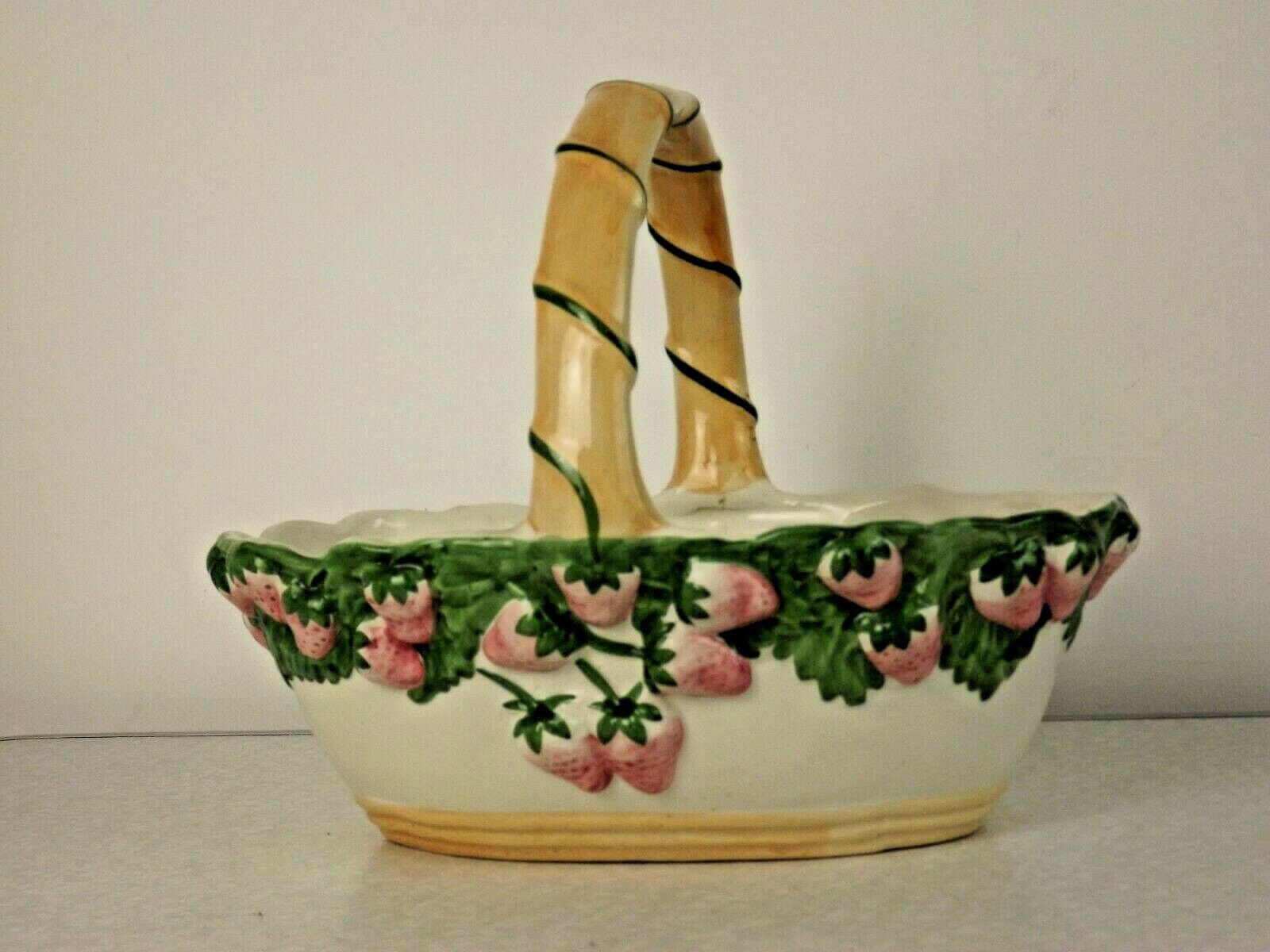 Grand Panier en Céramique Vintage Peint à La Main avec Décoration de Fraise Poignée - Fruit Cru. Déc