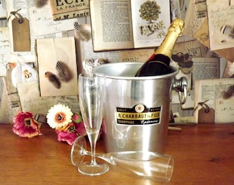 French A CHARBAUT & FILS Swing Handle Silver Metal Champagne Ice bucket - Vintage French. Ice Bucket. Champagne Cooler. Wine Cooler Bucket.