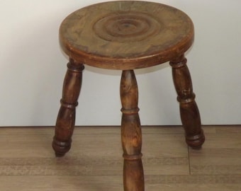 Vintage French Hand Made Wood Milking Stool 3 Spindle Legs Bullseye Seat. French Vintage Stool. 3 Legged Stool; Childs Stool. Plant Stand.