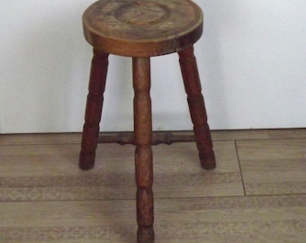 French Vintage Hand Made Wood Milking Stool 3 Spindle Legs Bullseye Seat