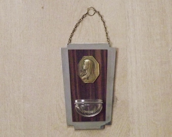 French Wood & Brass Bénitier Signed T Parvillers Holy Water Font Virgin Mary - Vintage French. Religious Water Font. Hanging Benitier.