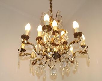 Lustre Art nouveau en bronze, cristal, 12 lumières
