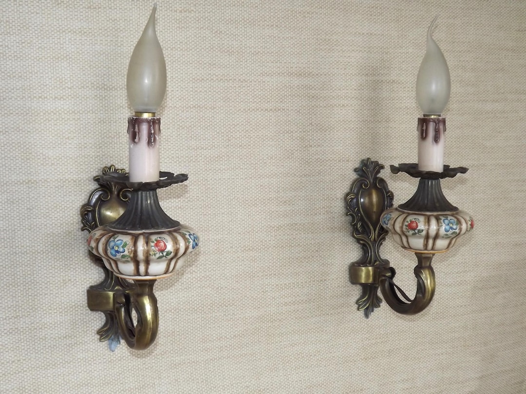 Pair of Rustic French Country Style Wall Lights in Brass & Floral ...