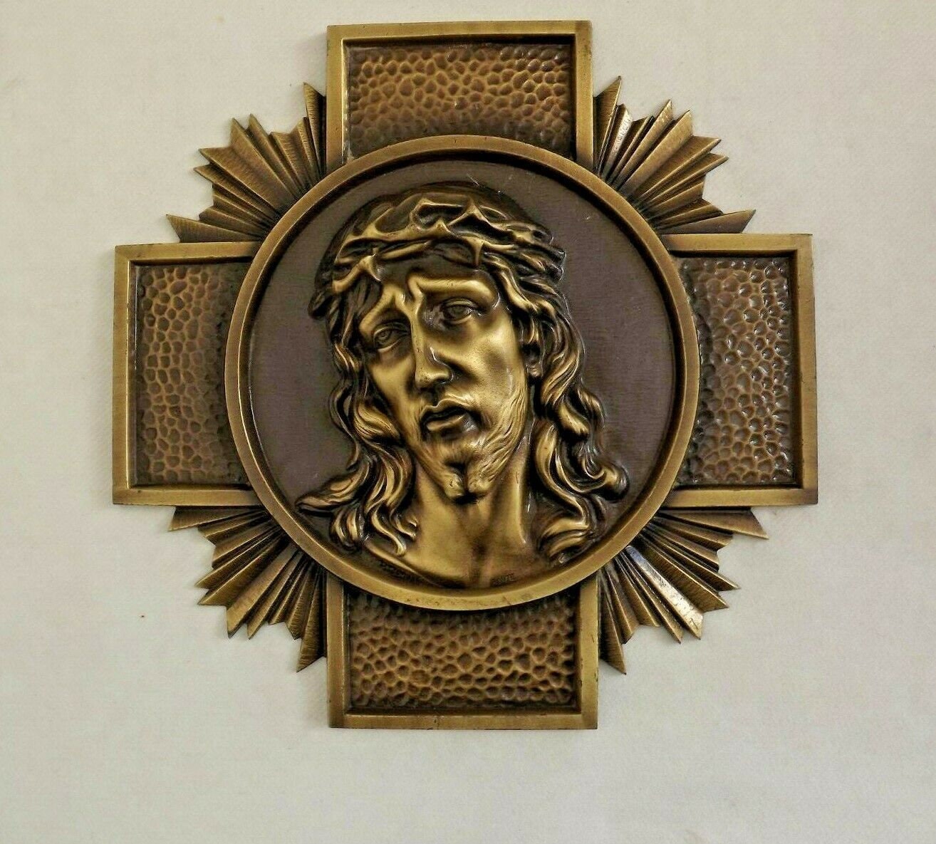 Vintage Français Bronze Signé M Thomas Jésus Christ Croix Plaque Murale - Vintage Français. Murale R