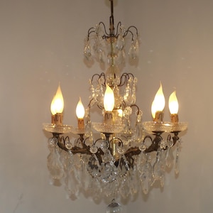 Luxurious French Antique Bronze Glass & Crystal 8 Light Roccoco Chandelier - French Antique Lighting. Early 1900s Crystal Chandelier.