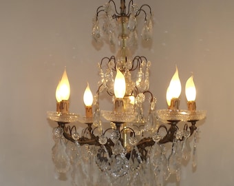 Luxurious French Antique Bronze Glass & Crystal 8 Light Roccoco Chandelier - French Antique Lighting. Early 1900s Crystal Chandelier.